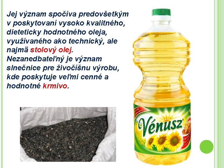 Jej význam spočíva predovšetkým v poskytovaní vysoko kvalitného, dieteticky hodnotného oleja, využívaného ako technický,