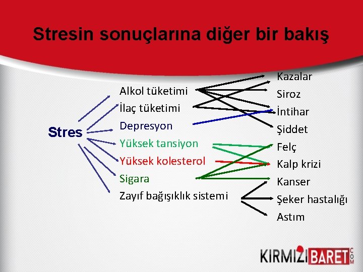 Stresin sonuçlarına diğer bir bakış Stres Alkol tüketimi İlaç tüketimi Depresyon Yüksek tansiyon Yüksek