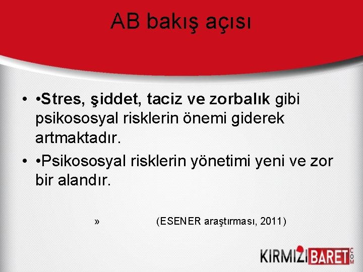 AB bakış açısı • • Stres, şiddet, taciz ve zorbalık gibi psikososyal risklerin önemi