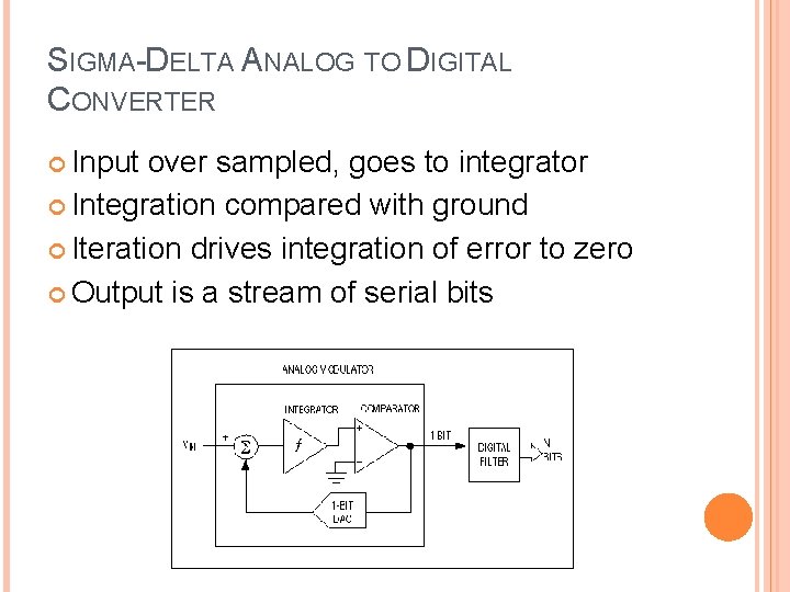 SIGMA-DELTA ANALOG TO DIGITAL CONVERTER Input over sampled, goes to integrator Integration compared with