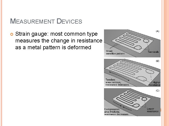 MEASUREMENT DEVICES Strain gauge: most common type measures the change in resistance as a