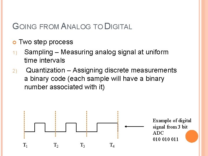 GOING FROM ANALOG TO DIGITAL Two step process 1) Sampling – Measuring analog signal