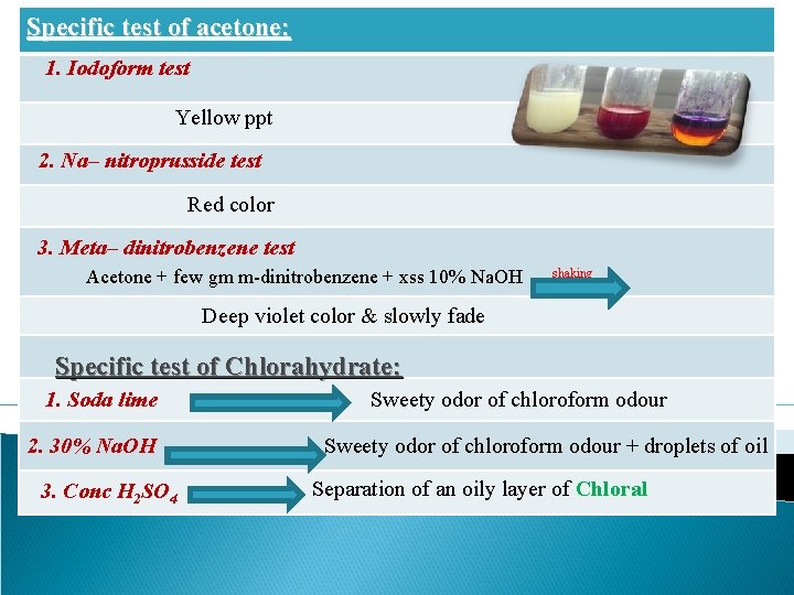 Specific test of acetone: 1. Iodoform test Yellow ppt 2. Na– nitroprusside test Red