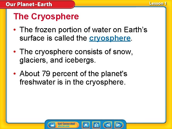 The Cryosphere • The frozen portion of water on Earth’s surface is called the