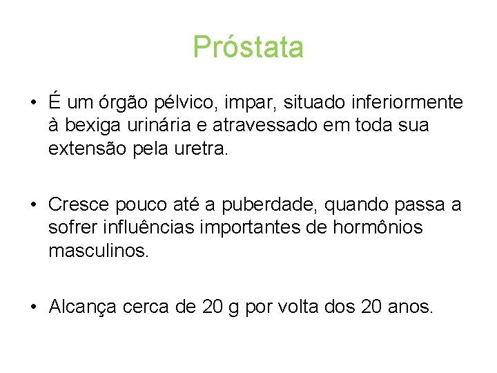 Próstata • É um órgão pélvico, impar, situado inferiormente à bexiga urinária e atravessado