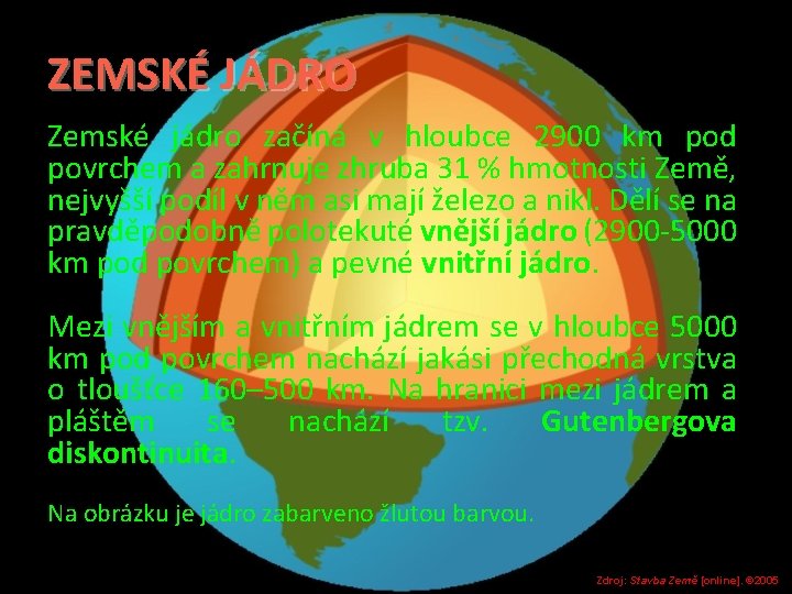 ZEMSKÉ JÁDRO Zemské jádro začíná v hloubce 2900 km pod povrchem a zahrnuje zhruba