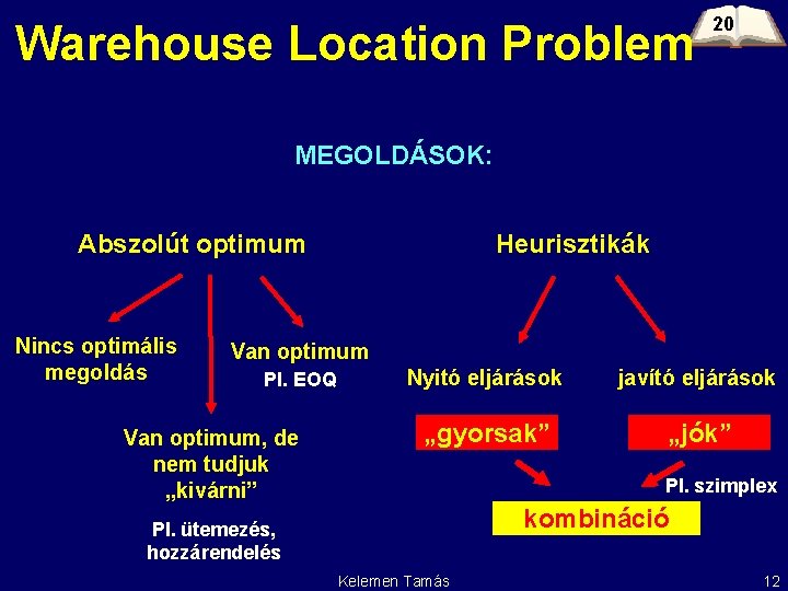 Warehouse Location Problem 20 MEGOLDÁSOK: Abszolút optimum Nincs optimális megoldás Heurisztikák Van optimum Pl.