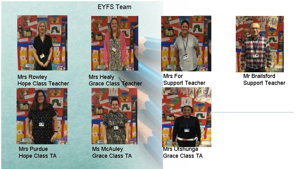 EYFS Team Mrs Rowley Hope Class Teacher Mrs Purdue Hope Class TA Mrs Healy