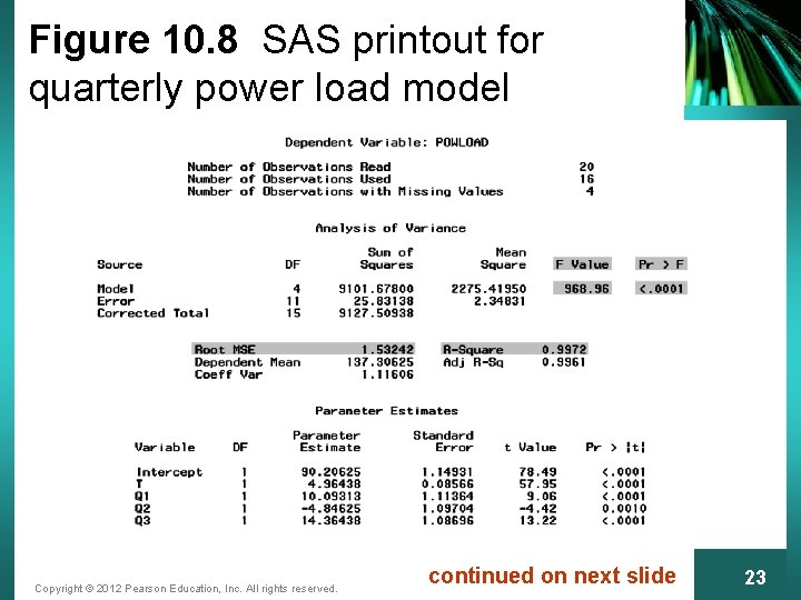 Figure 10. 8 SAS printout for quarterly power load model Copyright © 2012 Pearson