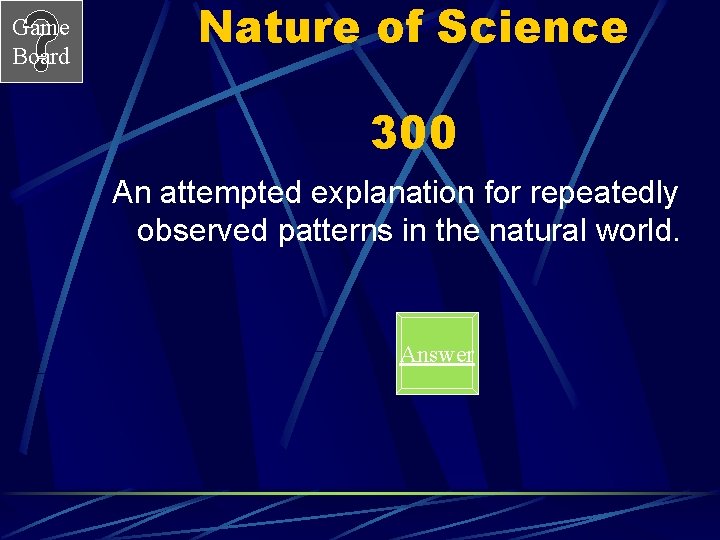 Game Board Nature of Science 300 An attempted explanation for repeatedly observed patterns in