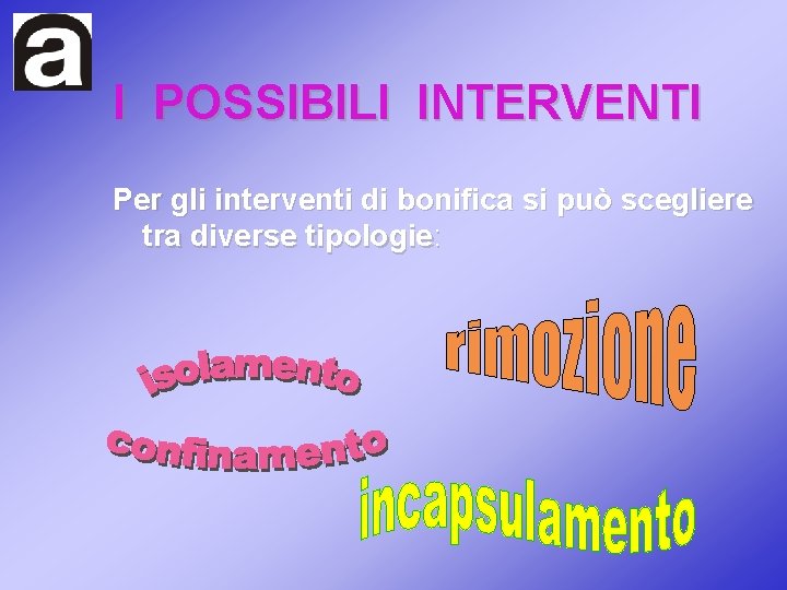 I POSSIBILI INTERVENTI Per gli interventi di bonifica si può scegliere tra diverse tipologie: