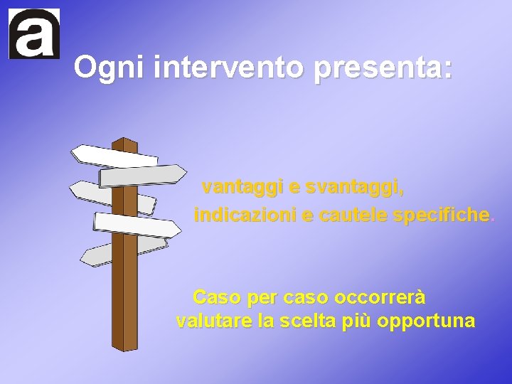 Ogni intervento presenta: vantaggi e svantaggi, indicazioni e cautele specifiche. Caso per caso occorrerà