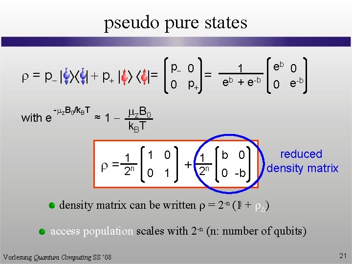 pseudo pure states r = p- | | + p+ | | = with