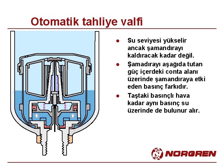 Otomatik tahliye valfi l l l Su seviyesi yükselir ancak şamandırayı kaldıracak kadar değil.