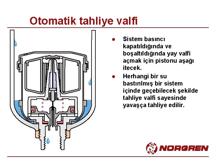 Otomatik tahliye valfi l l Sistem basıncı kapatıldığında ve boşaltıldığında yay valfi açmak için