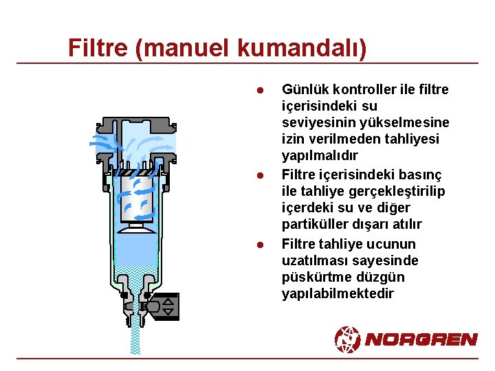 Filtre (manuel kumandalı) l l l Günlük kontroller ile filtre içerisindeki su seviyesinin yükselmesine