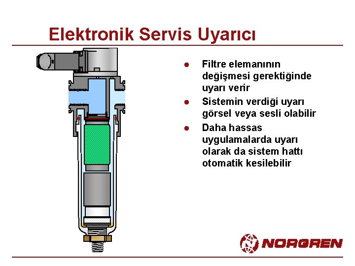 Elektronik Servis Uyarıcı l l l Filtre elemanının değişmesi gerektiğinde uyarı verir Sistemin verdiği