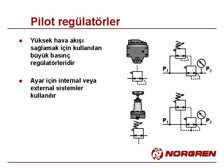 Pilot regülatörler l l Yüksek hava akışı sağlamak için kullanılan büyük basınç regülatörleridir P