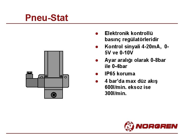 Pneu-Stat l l l Elektronik kontrollü basınç regülatörleridir Kontrol sinyali 4 -20 m. A,