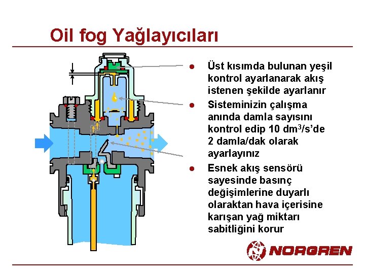 Oil fog Yağlayıcıları l l l Üst kısımda bulunan yeşil kontrol ayarlanarak akış istenen