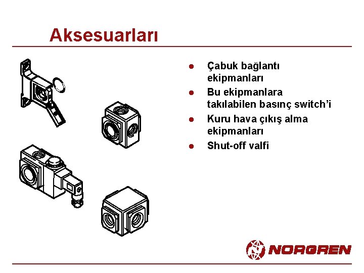 Aksesuarları l l Çabuk bağlantı ekipmanları Bu ekipmanlara takılabilen basınç switch’i Kuru hava çıkış