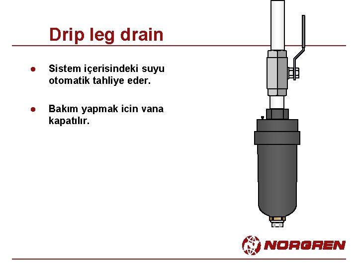 Drip leg drain l Sistem içerisindeki suyu otomatik tahliye eder. l Bakım yapmak icin