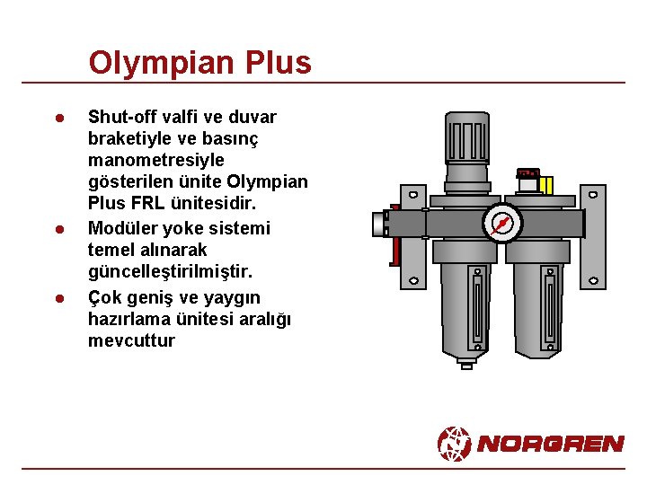 Olympian Plus l l l Shut-off valfi ve duvar braketiyle ve basınç manometresiyle gösterilen