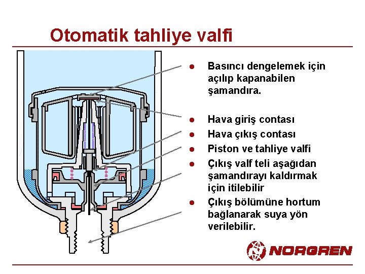 Otomatik tahliye valfi l Basıncı dengelemek için açılıp kapanabilen şamandıra. l Hava giriş contası