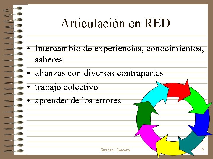 Articulación en RED • Intercambio de experiencias, conocimientos, saberes • alianzas con diversas contrapartes