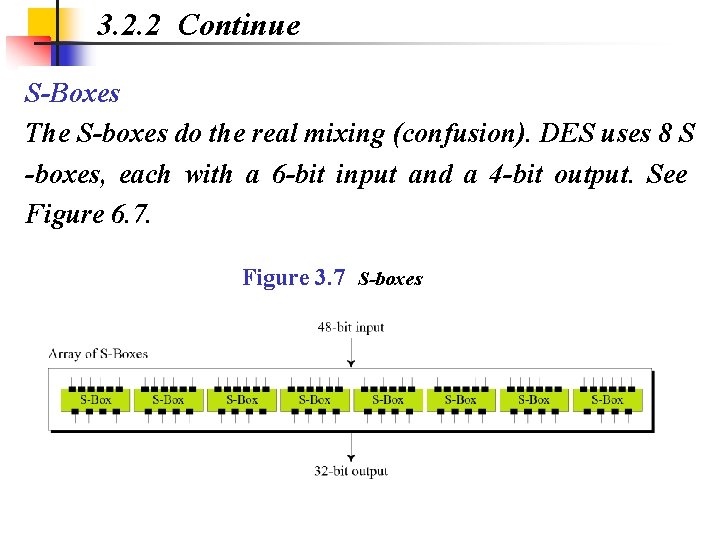 3. 2. 2 Continue S-Boxes The S-boxes do the real mixing (confusion). DES uses