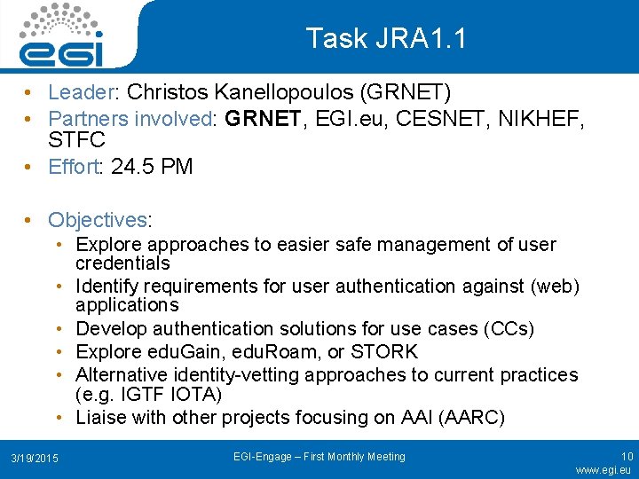 Task JRA 1. 1 • Leader: Christos Kanellopoulos (GRNET) • Partners involved: GRNET, EGI.