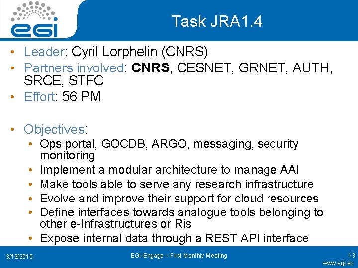 Task JRA 1. 4 • Leader: Cyril Lorphelin (CNRS) • Partners involved: CNRS, CESNET,
