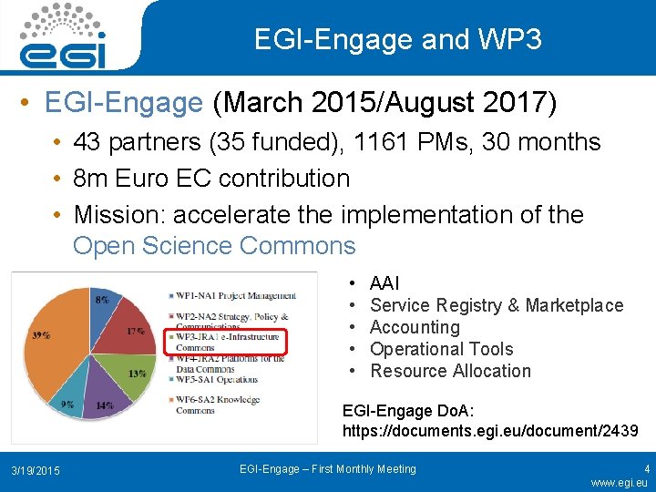 EGI-Engage and WP 3 • EGI-Engage (March 2015/August 2017) • 43 partners (35 funded),