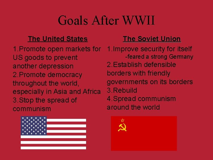 Goals After WWII The United States 1. Promote open markets for US goods to