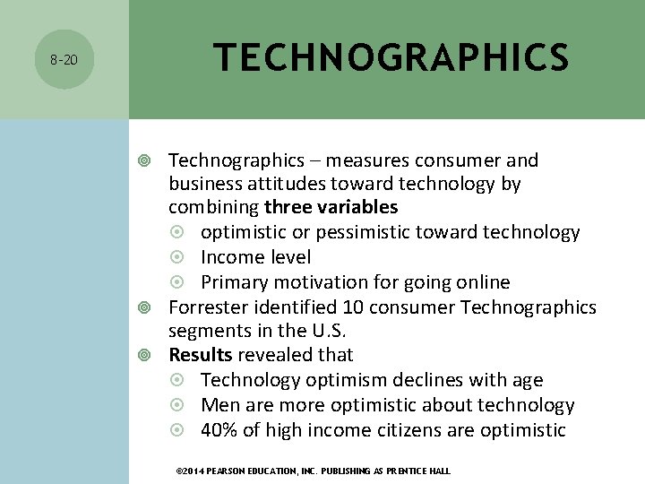 TECHNOGRAPHICS 8 -20 Technographics – measures consumer and business attitudes toward technology by combining