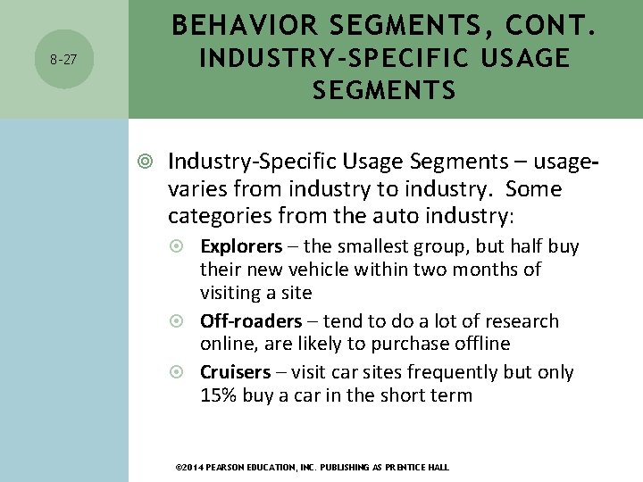 BEHAVIOR SEGMENTS, CONT. INDUSTRY-SPECIFIC USAGE SEGMENTS 8 -27 Industry-Specific Usage Segments – usage varies