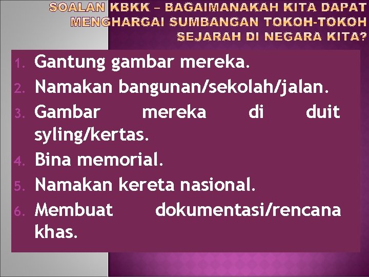 1. 2. 3. 4. 5. 6. Gantung gambar mereka. Namakan bangunan/sekolah/jalan. Gambar mereka di