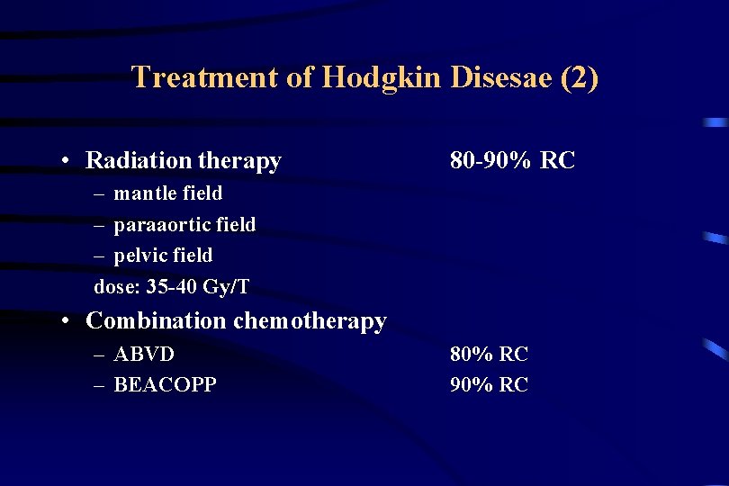 Treatment of Hodgkin Disesae (2) • Radiation therapy 80 -90% RC – mantle field