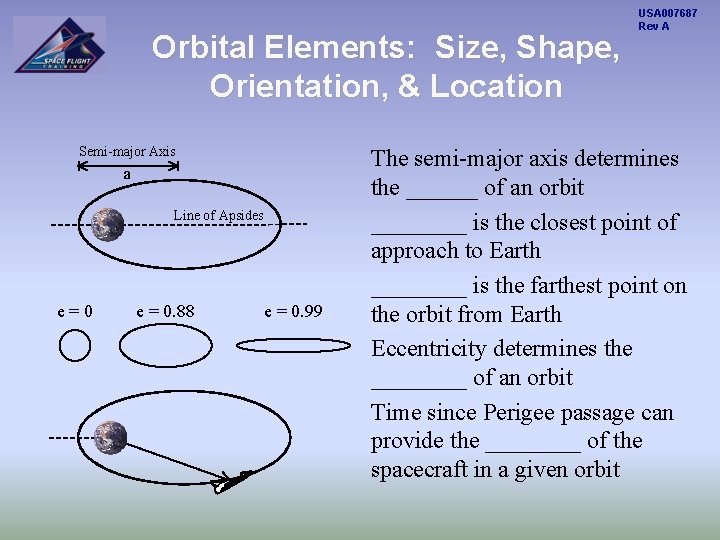 Orbital Elements: Size, Shape, Orientation, & Location Semi-major Axis a Line of Apsides e