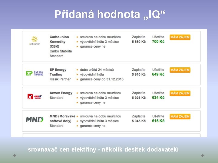 Přidaná hodnota „IQ“ srovnávač cen elektřiny - několik desítek dodavatelů 