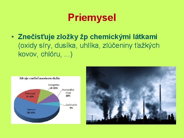 Priemysel • Znečisťuje zložky žp chemickými látkami (oxidy síry, dusíka, uhlíka, zlúčeniny ťažkých kovov,