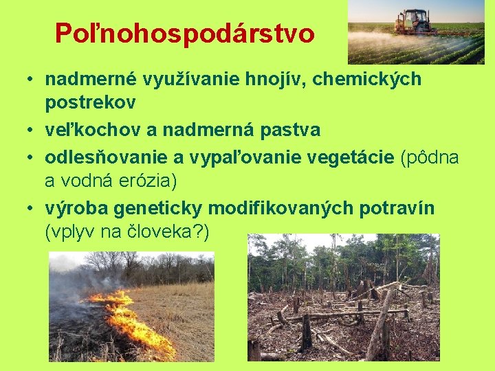 Poľnohospodárstvo • nadmerné využívanie hnojív, chemických postrekov • veľkochov a nadmerná pastva • odlesňovanie