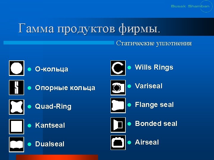 Гамма продуктов фирмы. Статические уплотнения l О-кольца l Wills Rings l Опорные кольца l