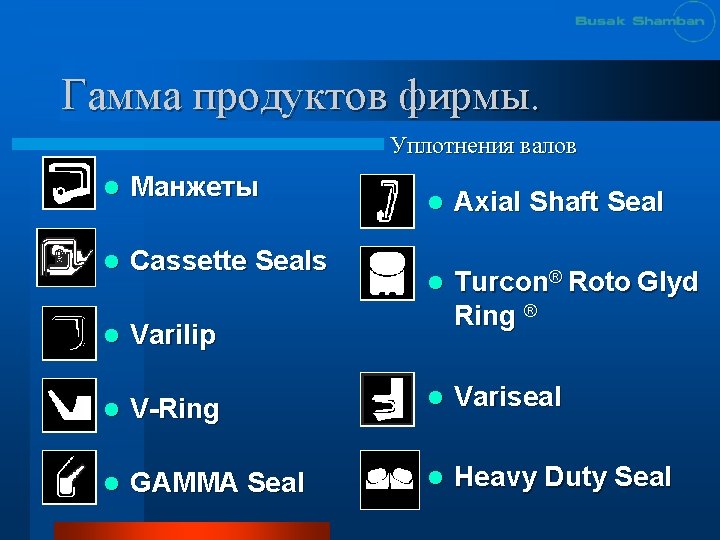 Гамма продуктов фирмы. Уплотнения валов l Манжеты l Cassette Seals l Varilip l l