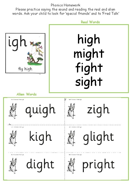 Phonics Homework Please practice saying the sound and reading the real and alien words.