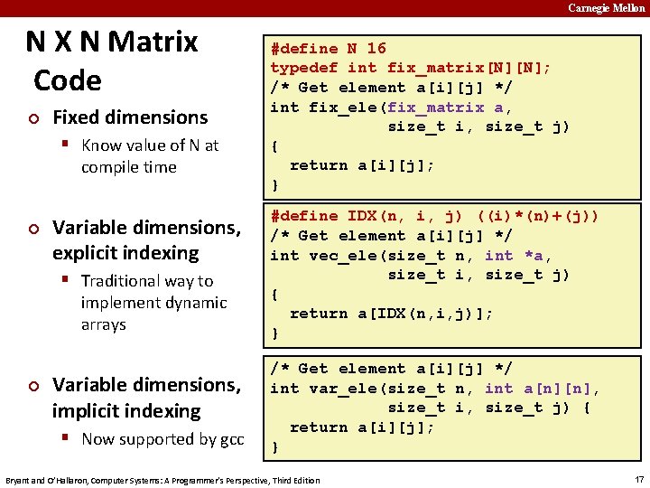 Carnegie Mellon N X N Matrix Code ¢ Fixed dimensions § Know value of