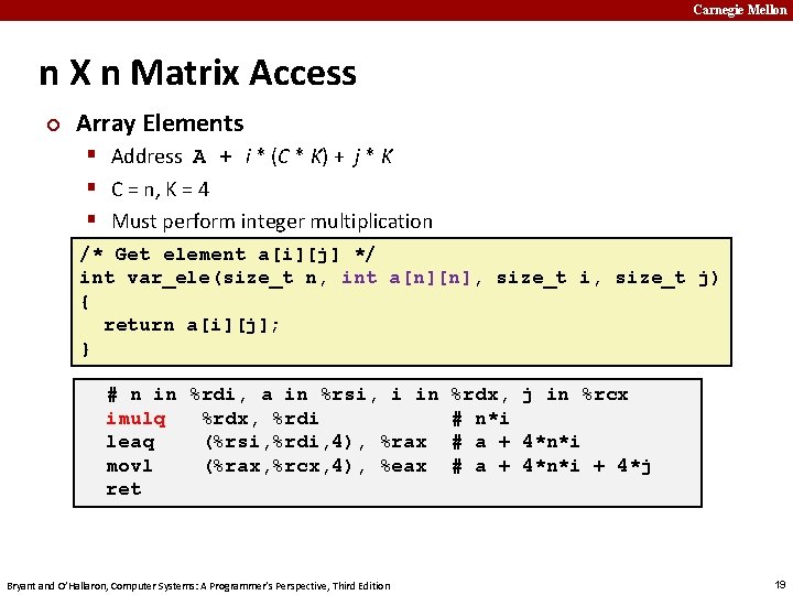 Carnegie Mellon n X n Matrix Access ¢ Array Elements § Address A +