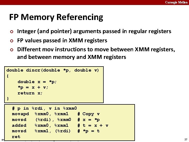 Carnegie Mellon FP Memory Referencing ¢ ¢ ¢ Integer (and pointer) arguments passed in