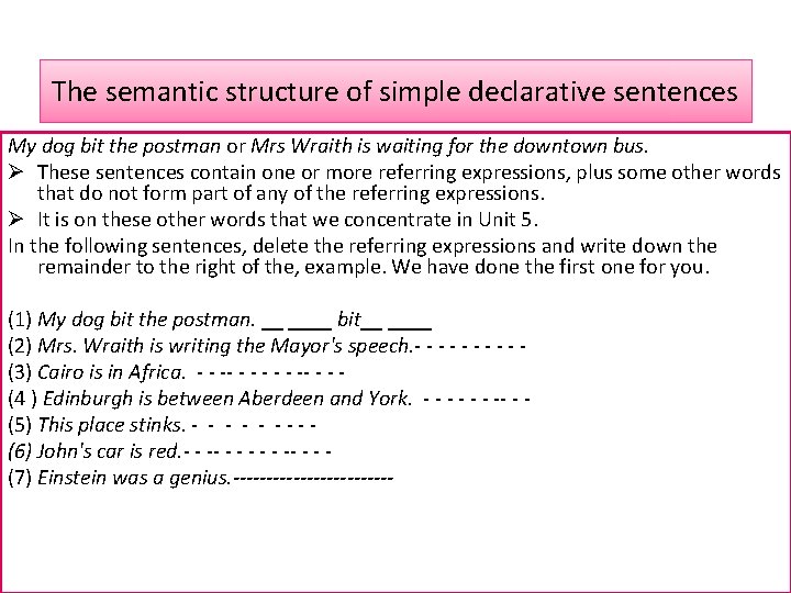The semantic structure of simple declarative sentences My dog bit the postman or Mrs