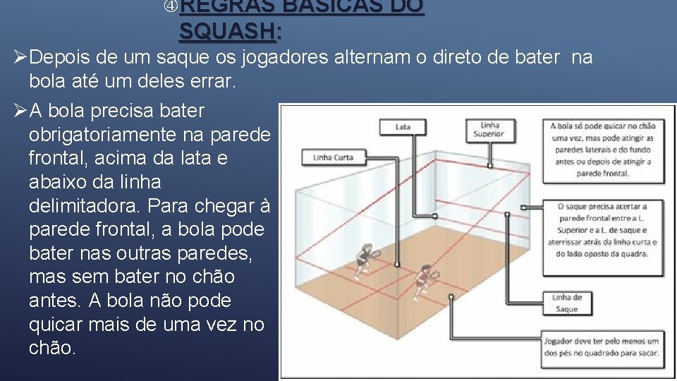  REGRAS BÁSICAS DO SQUASH: ØDepois de um saque os jogadores alternam o direto